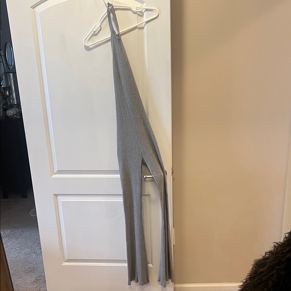 naked wardrobe Ribbed Knit Light Gray Halter Jumpsuit